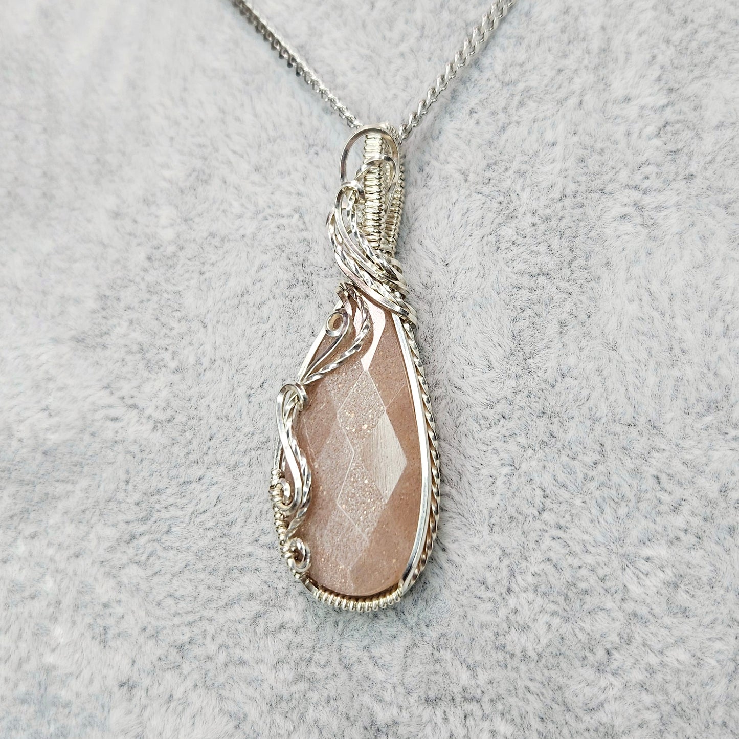 Peach Moonstone in 925 Solid Sterling Silver Handmade Wire-Wrap Pendant