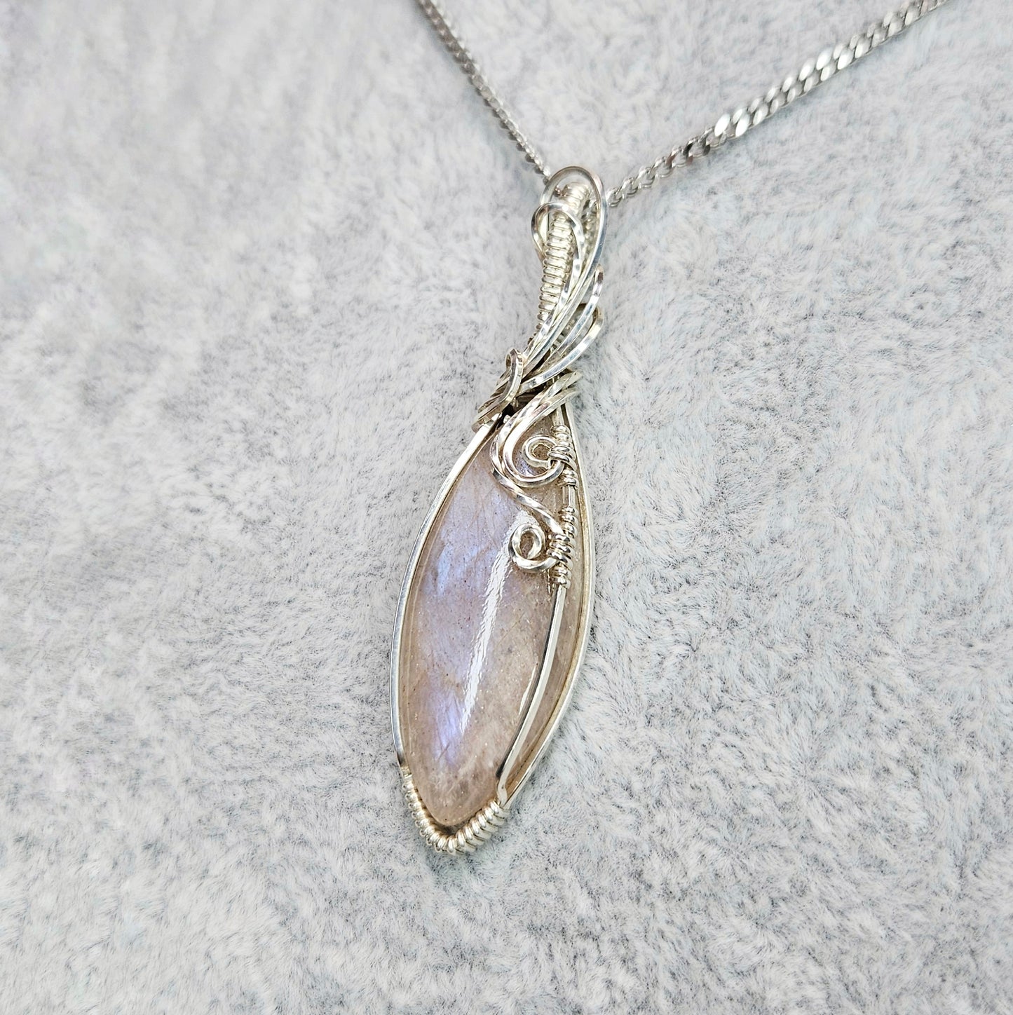 Belomorite in 925 Solid Sterling Silver Handmade Wire-Wrap Pendant