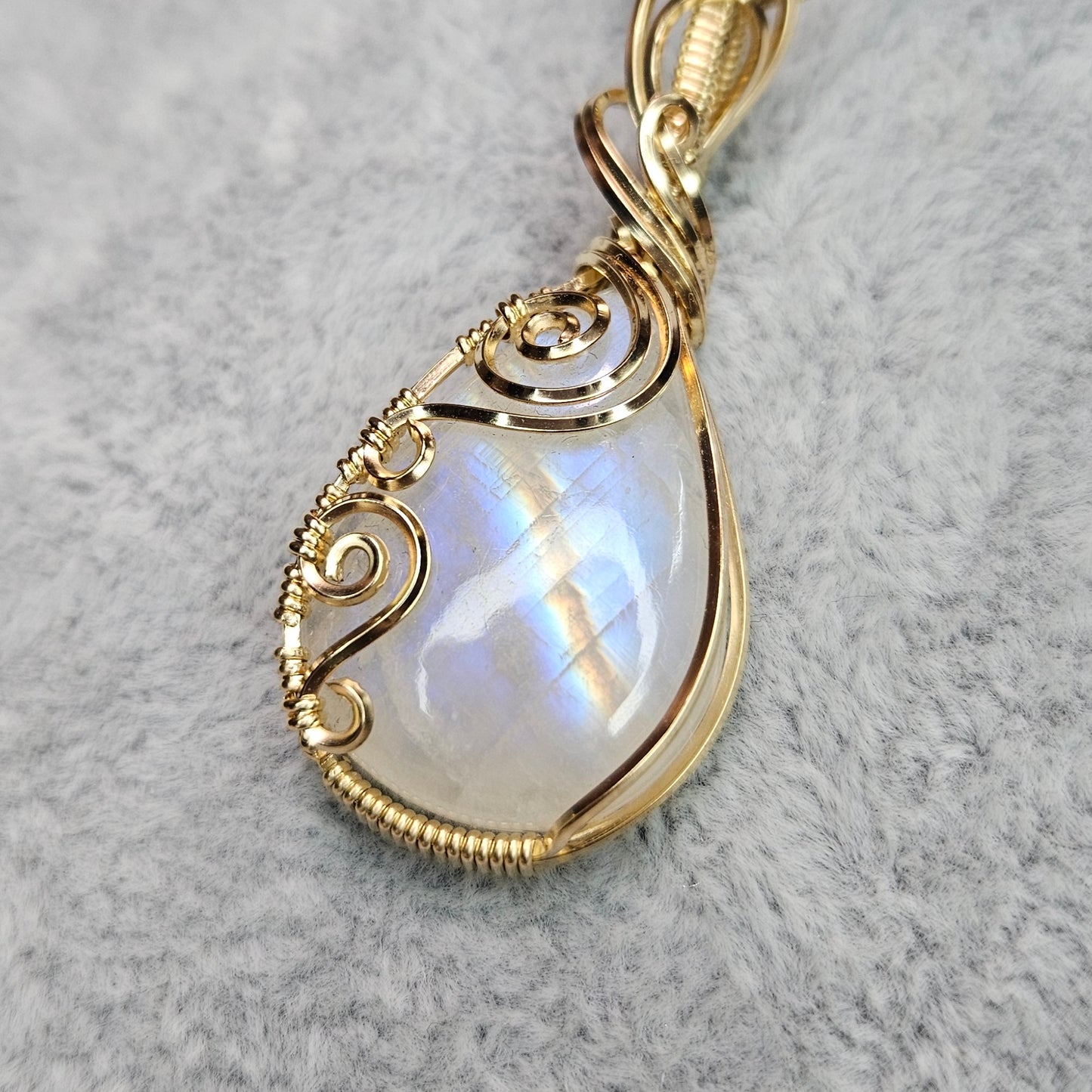Rainbow Moonstone in 14K Gold Fill Handmade Wire-Wrap Pendant