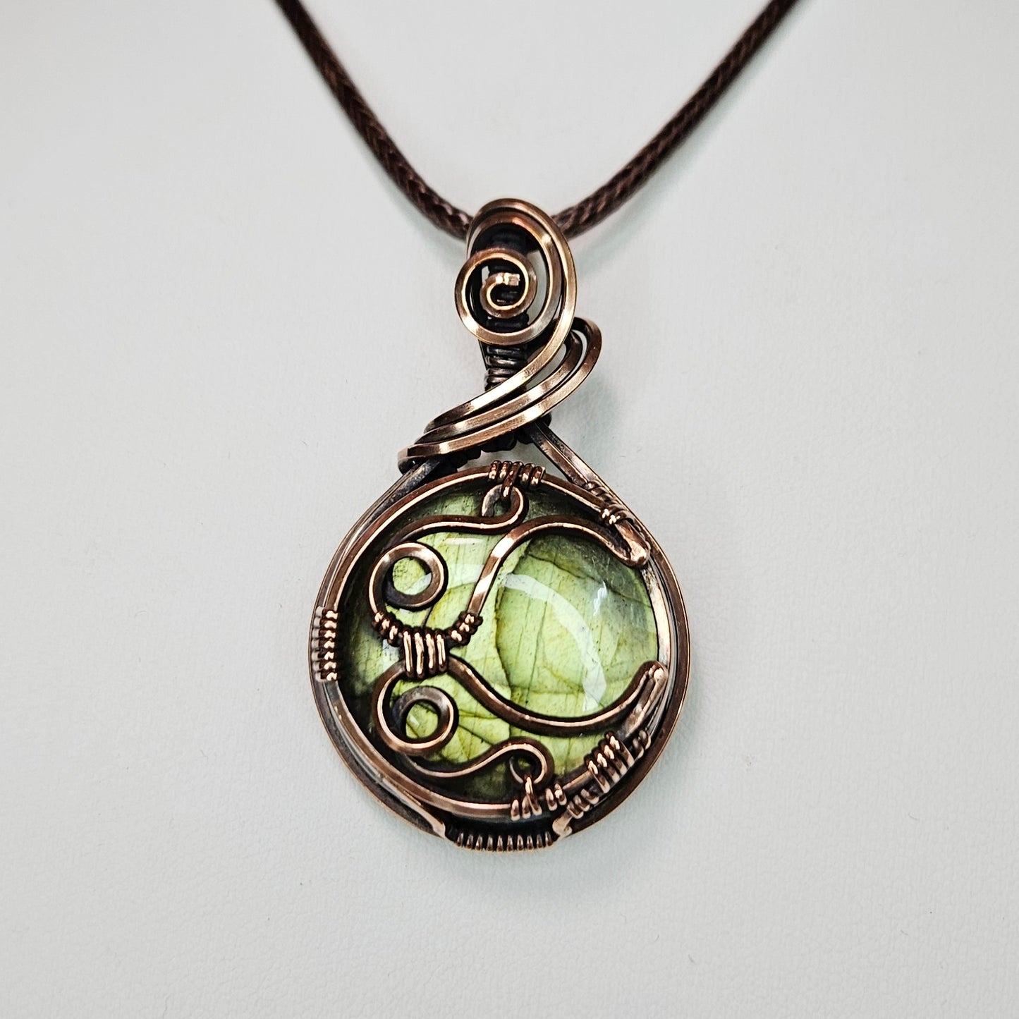 Round Moon Green Labradorite in Oxidised Copper Handmade Wire-Wrap Pendant