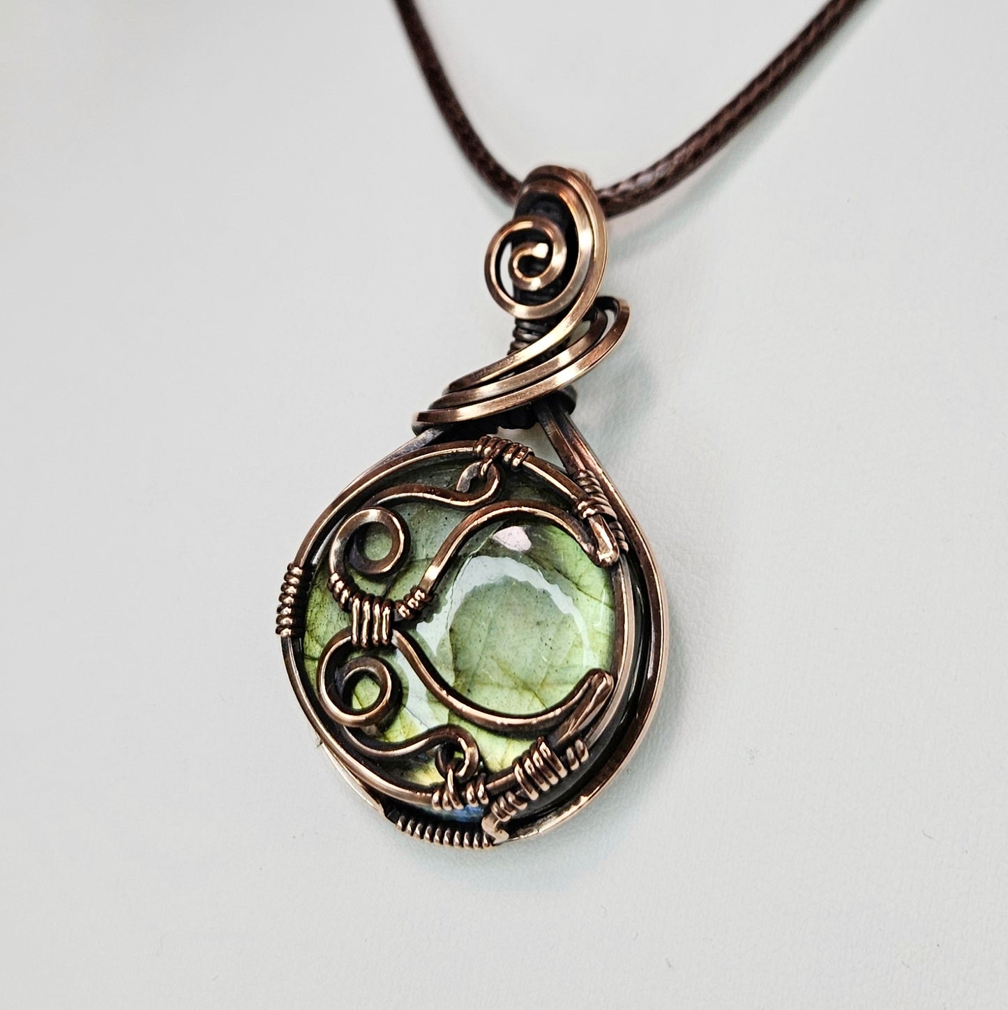 Round Moon Green Labradorite in Oxidised Copper Handmade Wire-Wrap Pendant