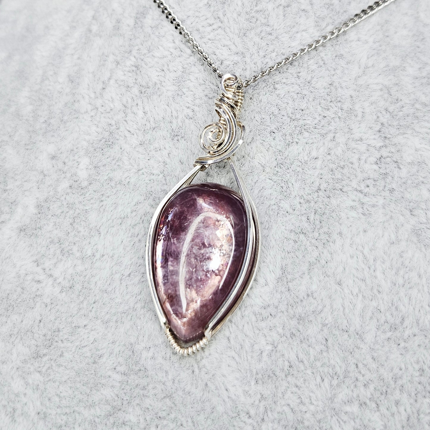 Gem Lepidolite in 925 Solid Sterling Silver Handmade Wire-Wrap Pendant