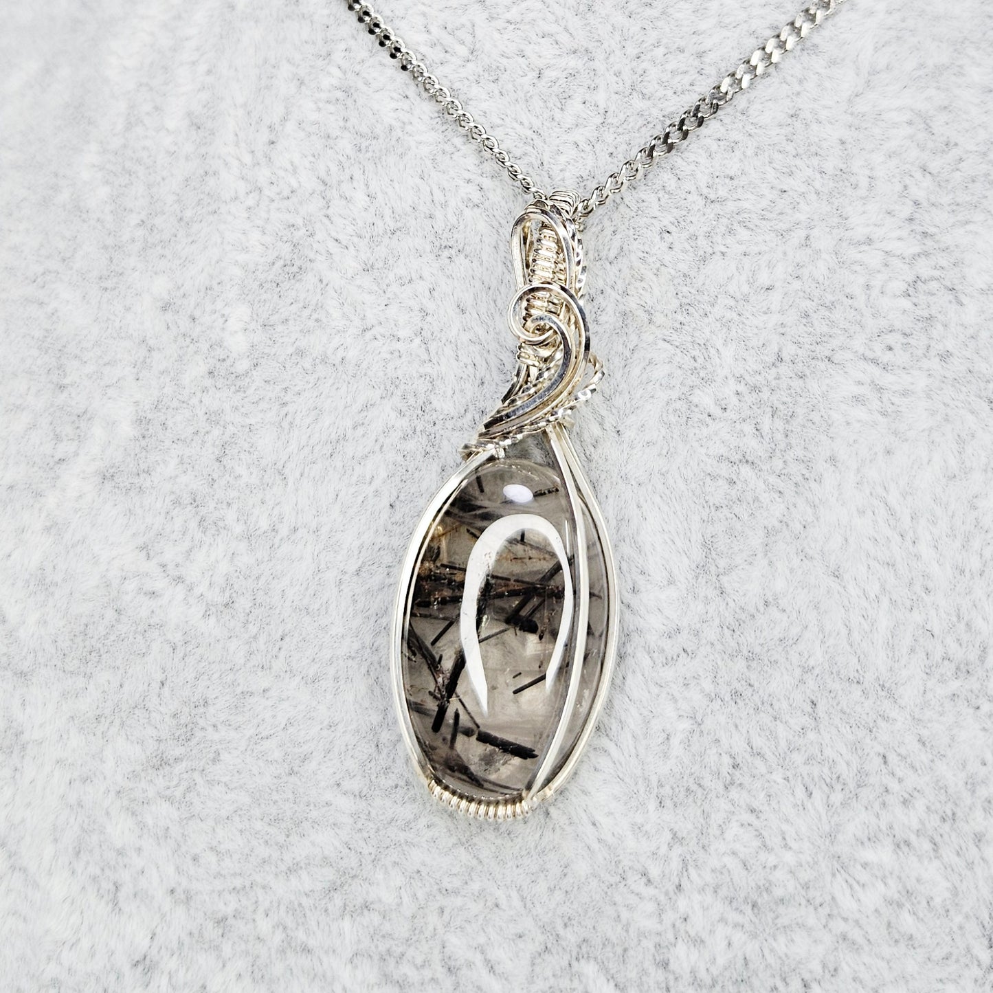 Tourmalinated Quartz in 925 Solid Sterling Silver Handmade Wire-Wrap Pendant