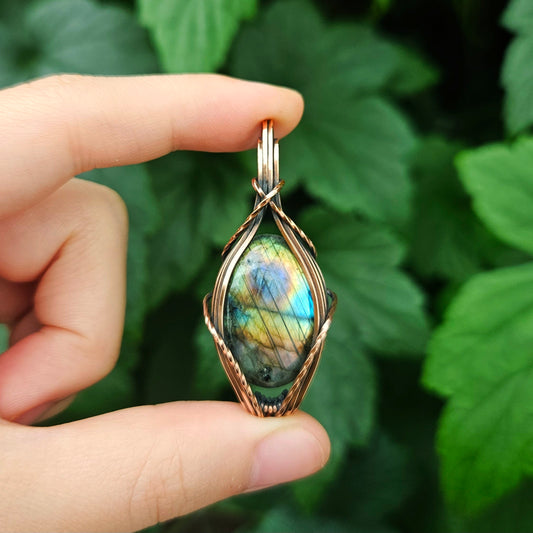 Multi-Colour Labradorite in Oxidised Copper Handmade Wire-Wrap Pendant