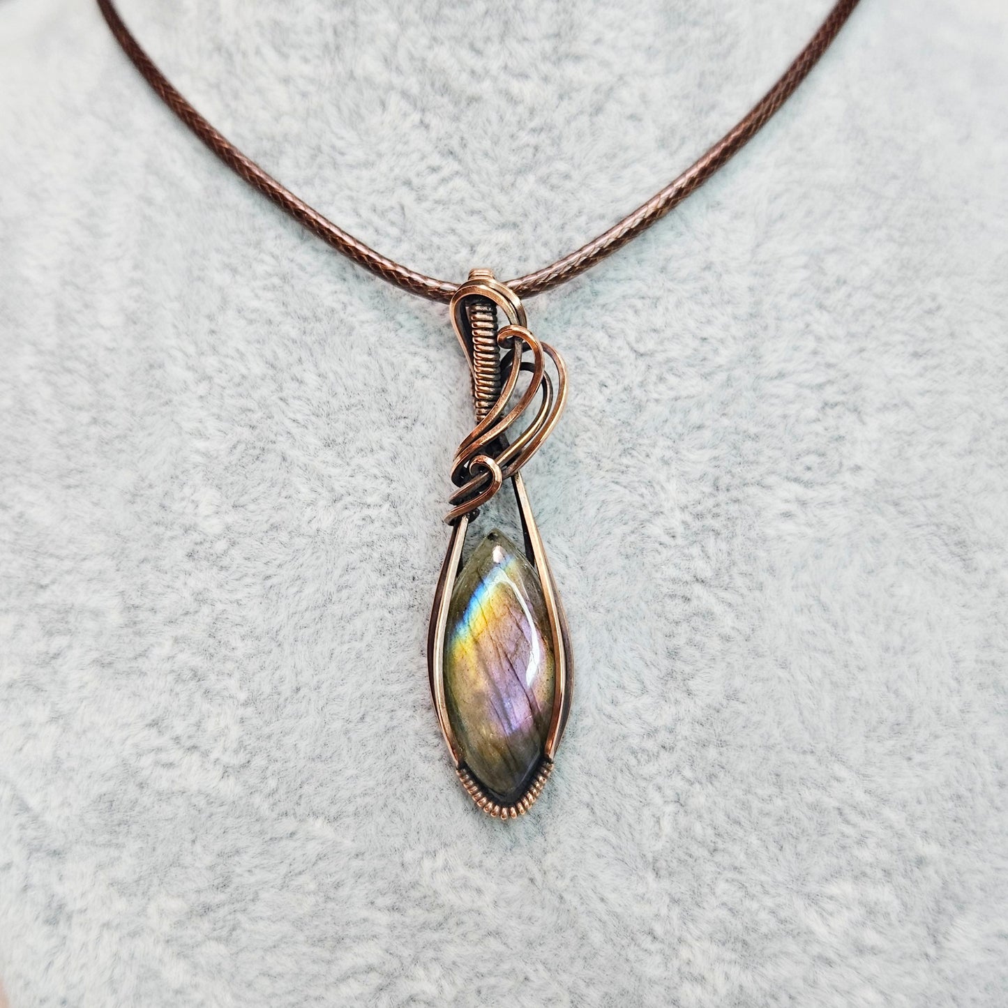 Pink Purple Labradorite in Oxidised Copper Handmade Wire-Wrap Pendant