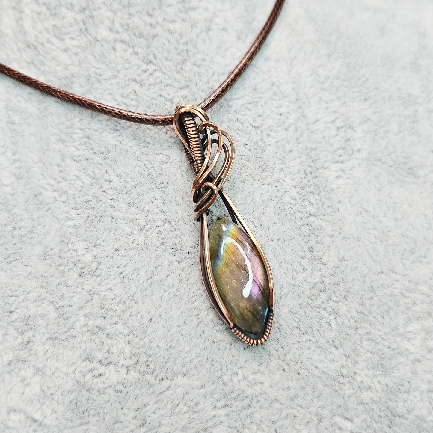 Pink Purple Labradorite in Oxidised Copper Handmade Wire-Wrap Pendant
