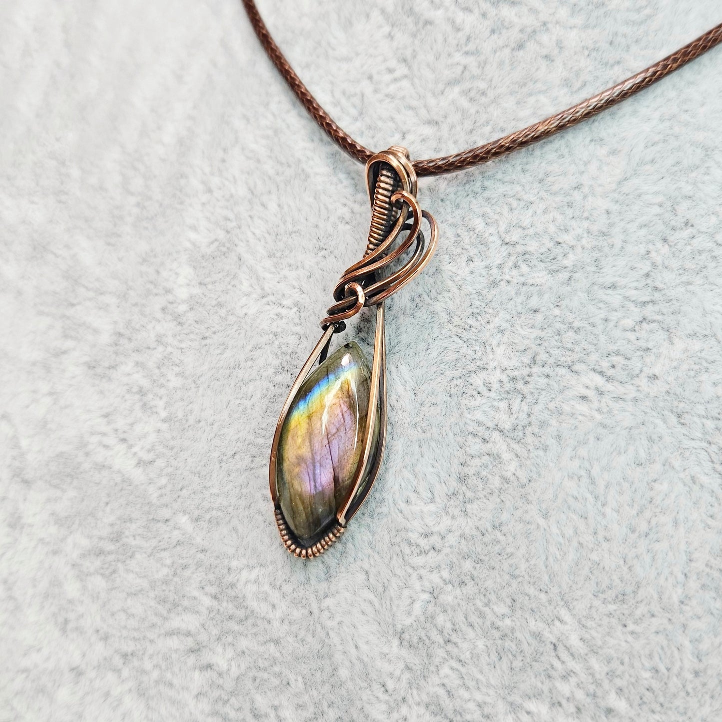 Pink Purple Labradorite in Oxidised Copper Handmade Wire-Wrap Pendant