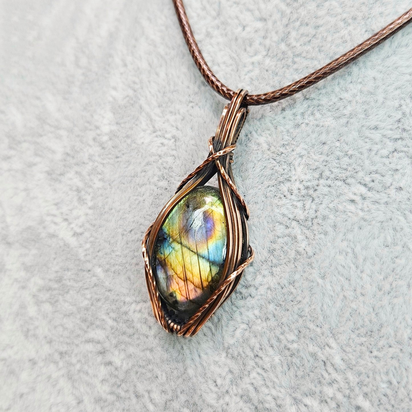 Multi-Colour Labradorite in Oxidised Copper Handmade Wire-Wrap Pendant