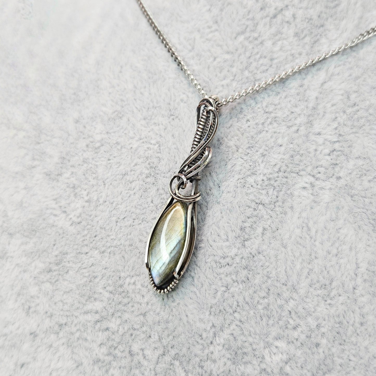 Silver Labradorite in Oxidised 925 Solid Sterling Silver Handmade Wire-Wrap Pendant
