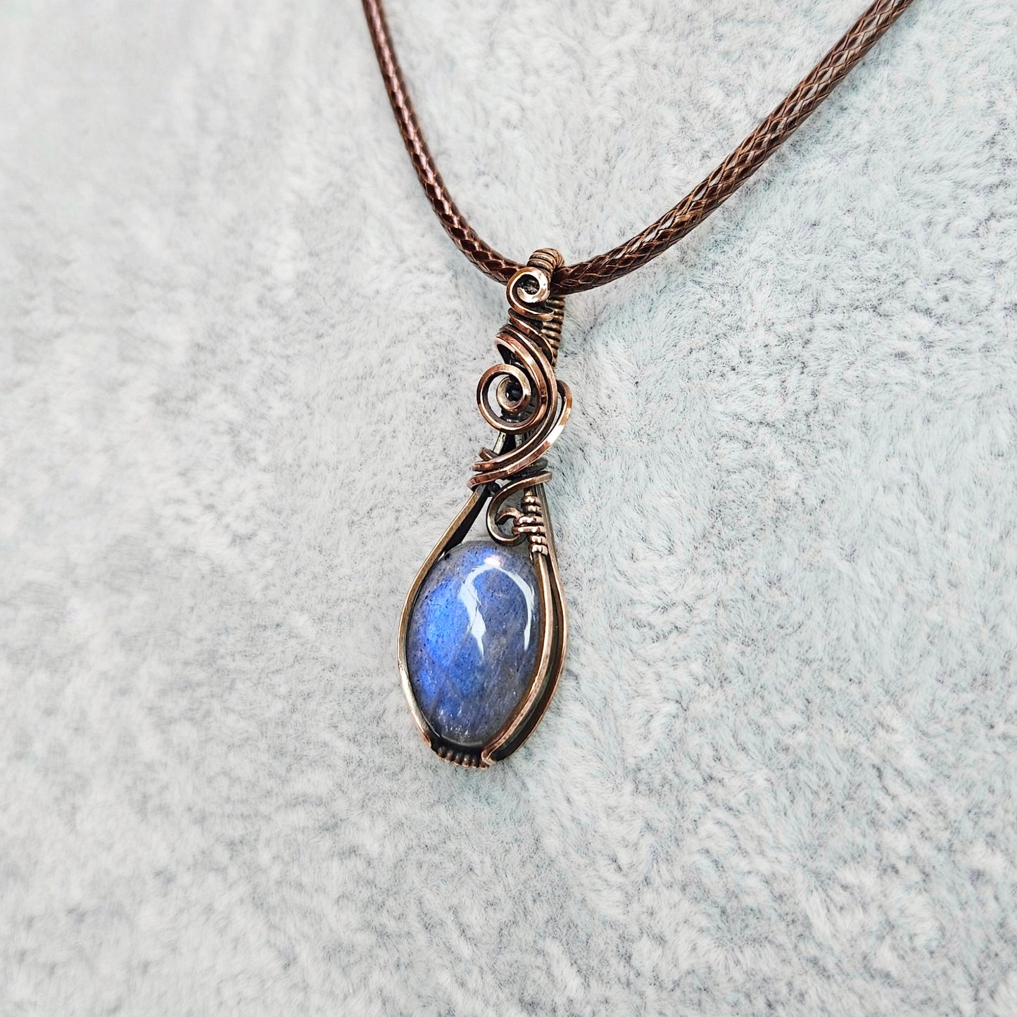 Blue Labradorite in Oxidised Copper Handmade Wire-Wrap Pendant