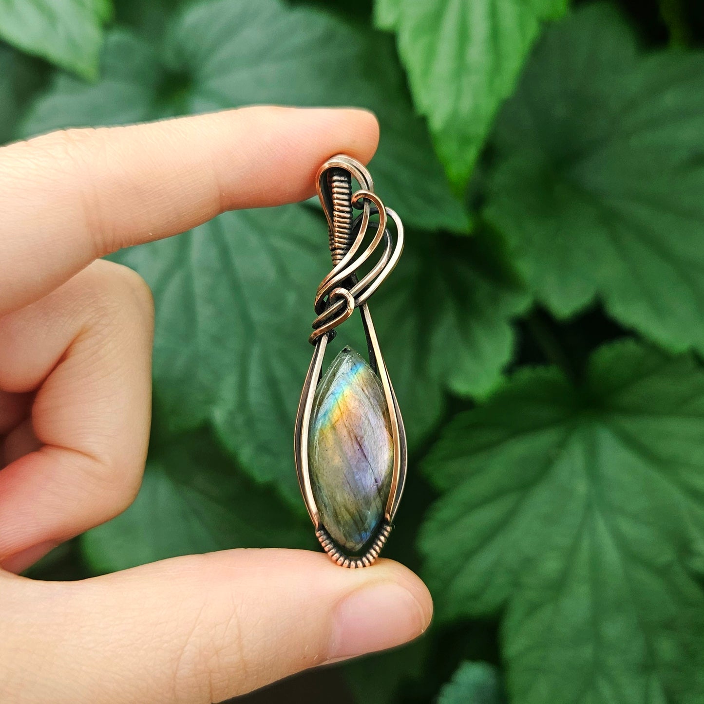Pink Purple Labradorite in Oxidised Copper Handmade Wire-Wrap Pendant