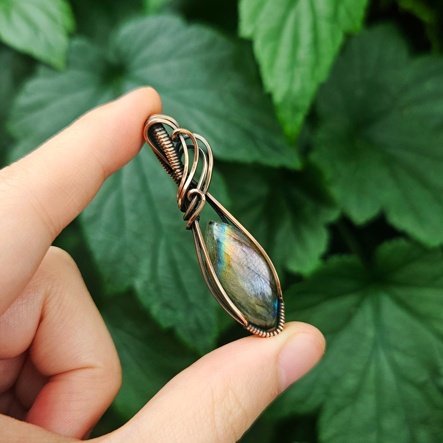 Pink Purple Labradorite in Oxidised Copper Handmade Wire-Wrap Pendant