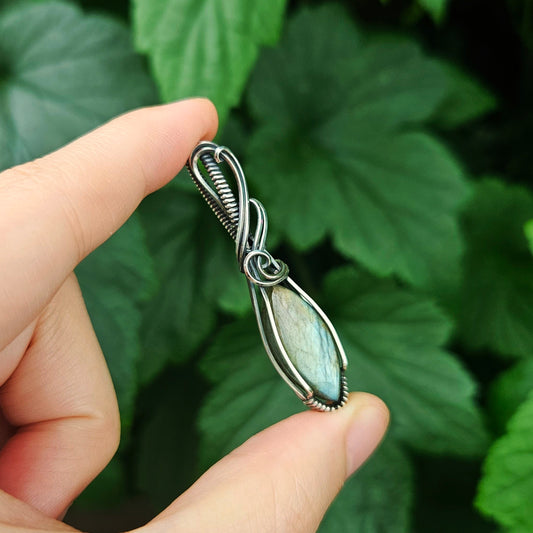 Silver Labradorite in Oxidised 925 Solid Sterling Silver Handmade Wire-Wrap Pendant