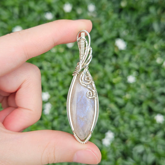 Belomorite in 925 Solid Sterling Silver Handmade Wire-Wrap Pendant
