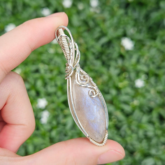 Belomorite in 925 Solid Sterling Silver Handmade Wire-Wrap Pendant