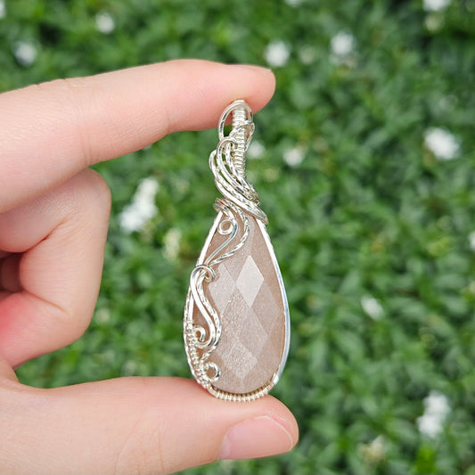 Peach Moonstone in 925 Solid Sterling Silver Handmade Wire-Wrap Pendant