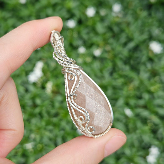 Peach Moonstone in 925 Solid Sterling Silver Handmade Wire-Wrap Pendant