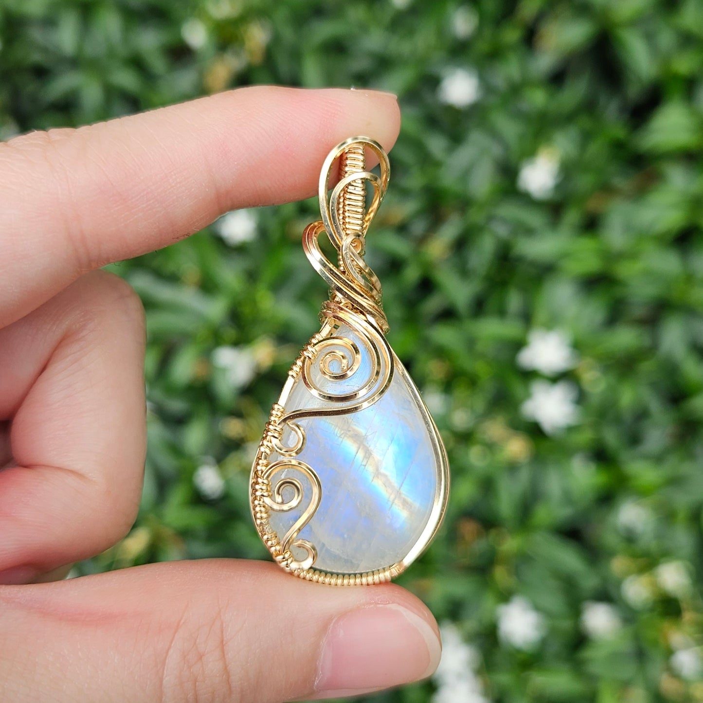Rainbow Moonstone in 14K Gold Fill Handmade Wire-Wrap Pendant