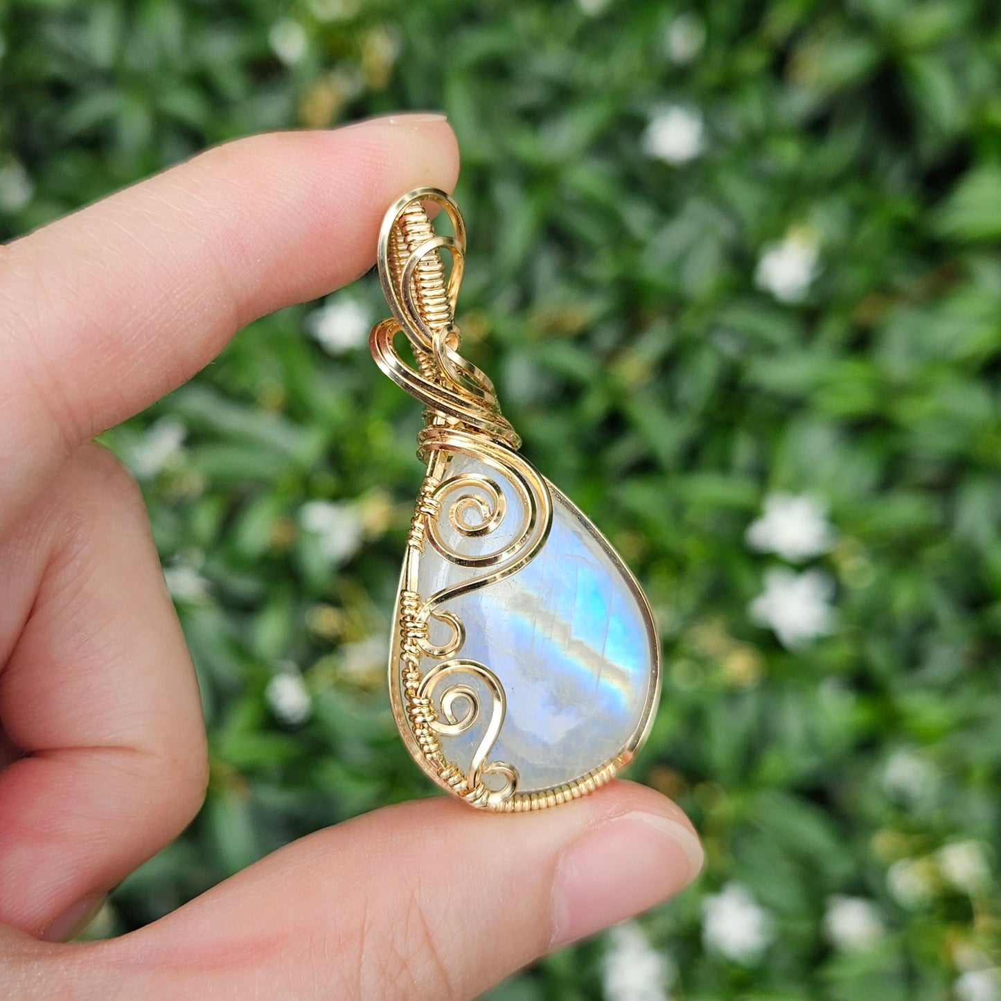 Rainbow Moonstone in 14K Gold Fill Handmade Wire-Wrap Pendant