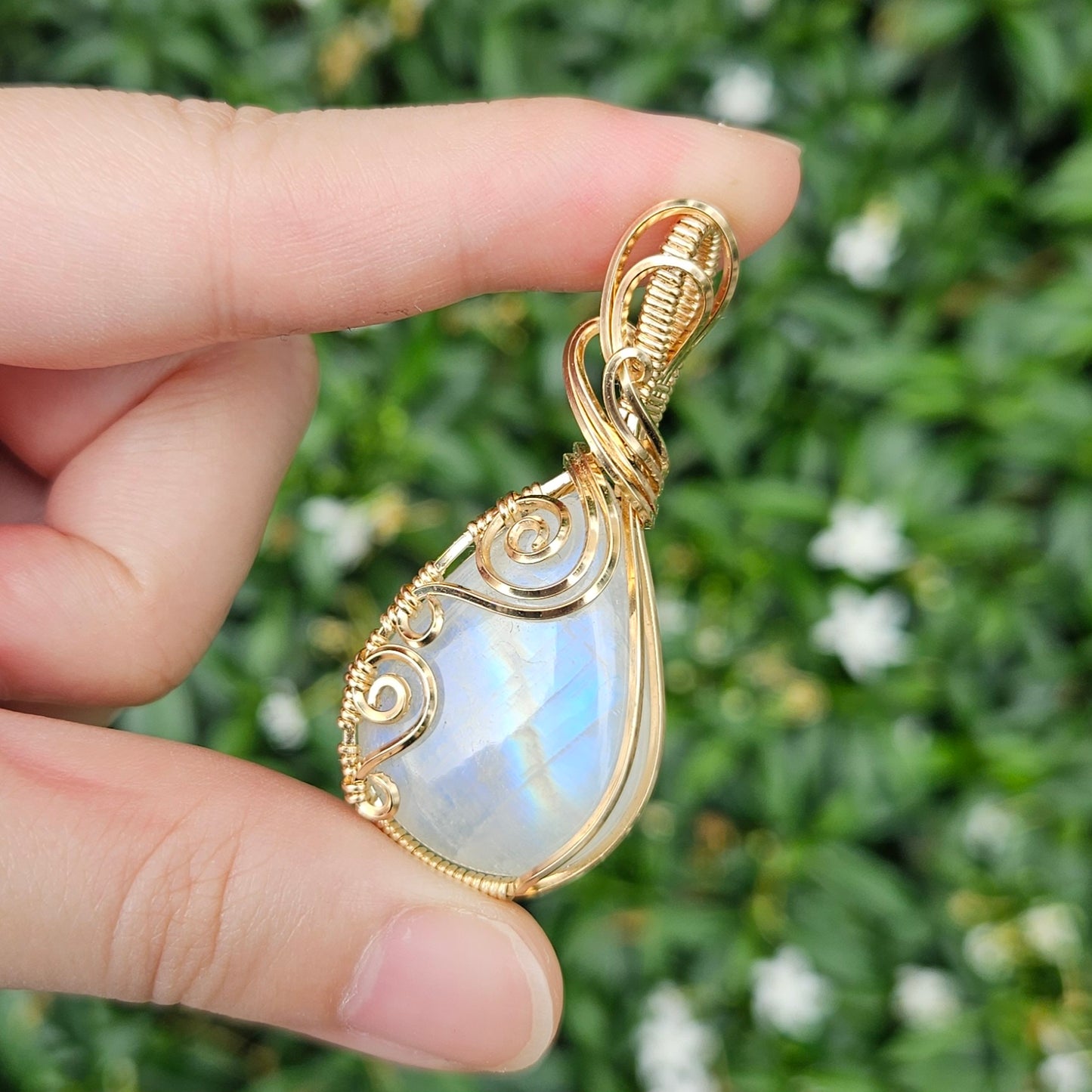 Rainbow Moonstone in 14K Gold Fill Handmade Wire-Wrap Pendant