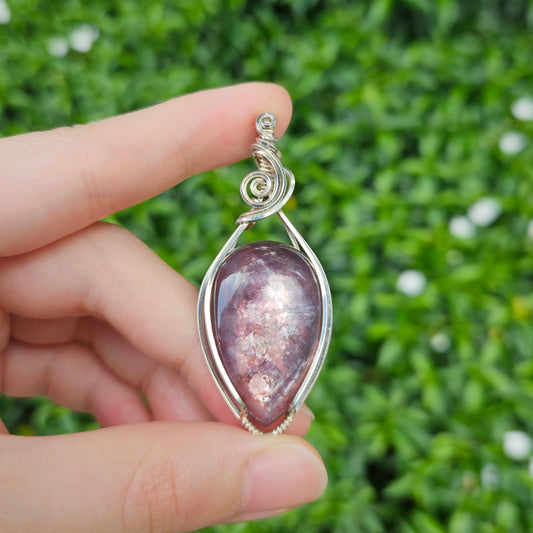 Gem Lepidolite in 925 Solid Sterling Silver Handmade Wire-Wrap Pendant