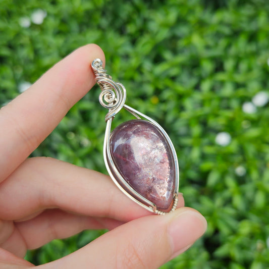 Gem Lepidolite in 925 Solid Sterling Silver Handmade Wire-Wrap Pendant