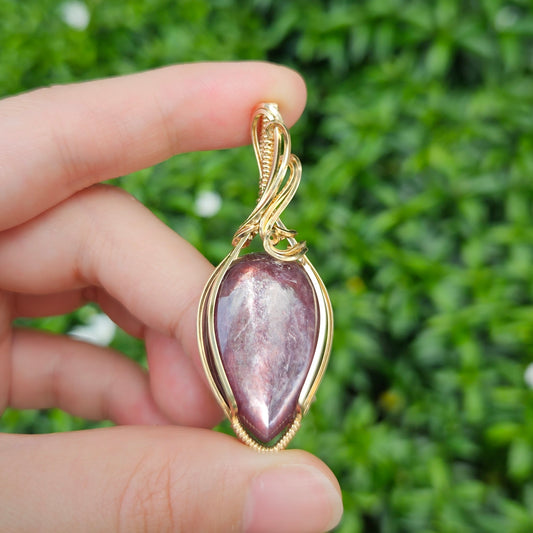 Gem Lepidolite in 14K Gold Fill Handmade Wire-Wrap Pendant