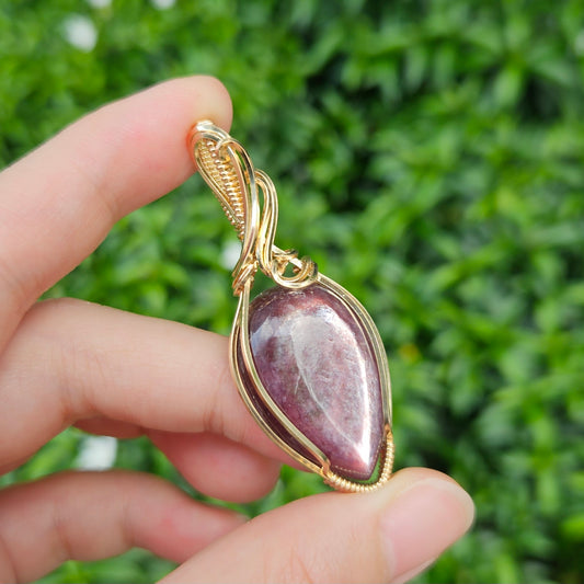 Gem Lepidolite in 14K Gold Fill Handmade Wire-Wrap Pendant