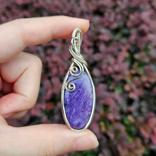 Charoite in 925 Solid Sterling Silver Handmade Wire-Wrap Pendant