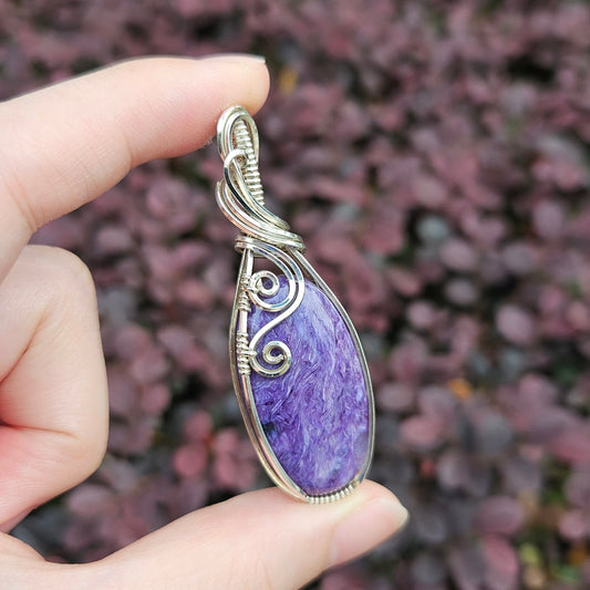 Charoite in 925 Solid Sterling Silver Handmade Wire-Wrap Pendant