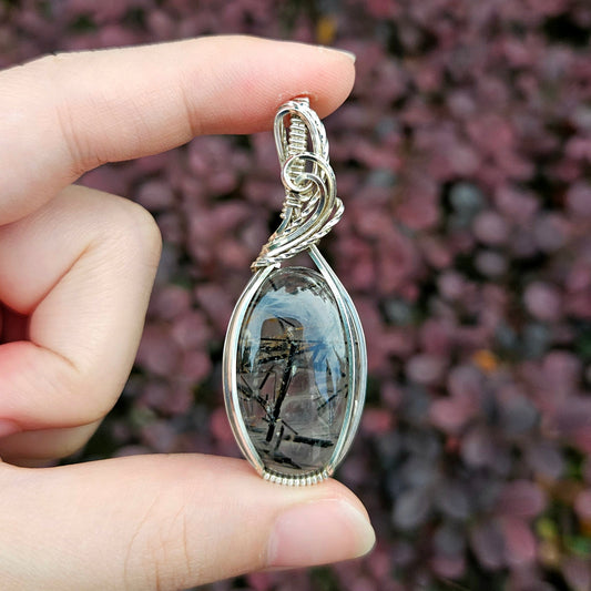Tourmalinated Quartz in 925 Solid Sterling Silver Handmade Wire-Wrap Pendant