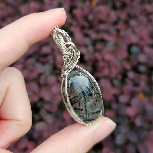 Tourmalinated Quartz in 925 Solid Sterling Silver Handmade Wire-Wrap Pendant