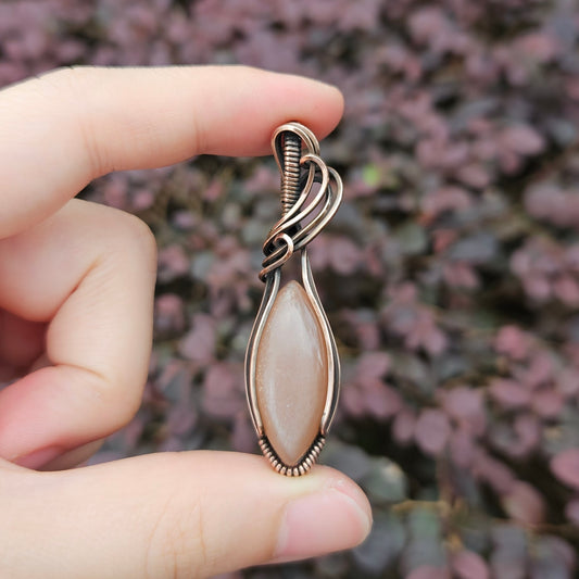 Peach Moonstone in Oxidised Copper Handmade Wire-Wrap Pendant