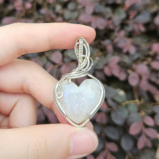 Belomorite Heart in 925 Solid Sterling Silver Handmade Wire-Wrap Pendant