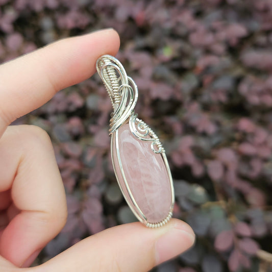 Rose Quartz in 925 Solid Sterling Silver Handmade Wire-Wrap Pendant