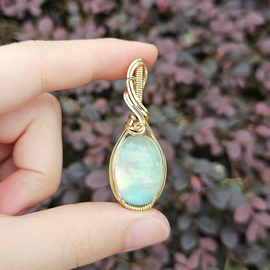 Mother Of Pearl Fluorite Doublet in 14K Gold Fill Handmade Wire-Wrap Pendant