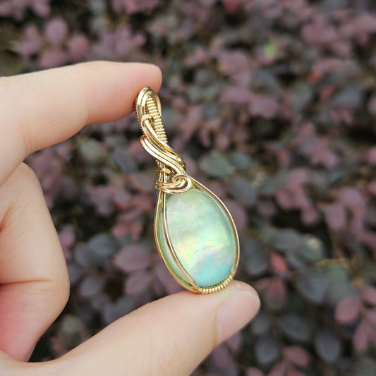 Mother Of Pearl Fluorite Doublet in 14K Gold Fill Handmade Wire-Wrap Pendant