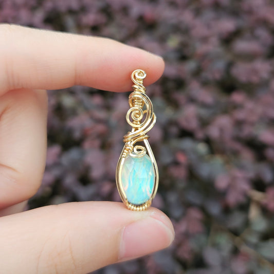 White Aurora Opal in 14K Gold Fill Handmade Wire-Wrap Pendant