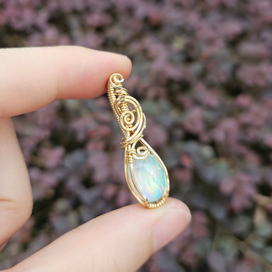 White Aurora Opal in 14K Gold Fill Handmade Wire-Wrap Pendant