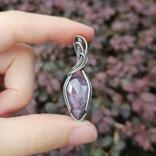 Ruby in Oxidised 925 Solid Sterling Silver Handmade Wire-Wrap Pendant