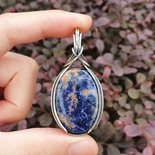Sodalite in Oxidised 925 Solid Sterling Silver Handmade Wire-Wrap Pendant