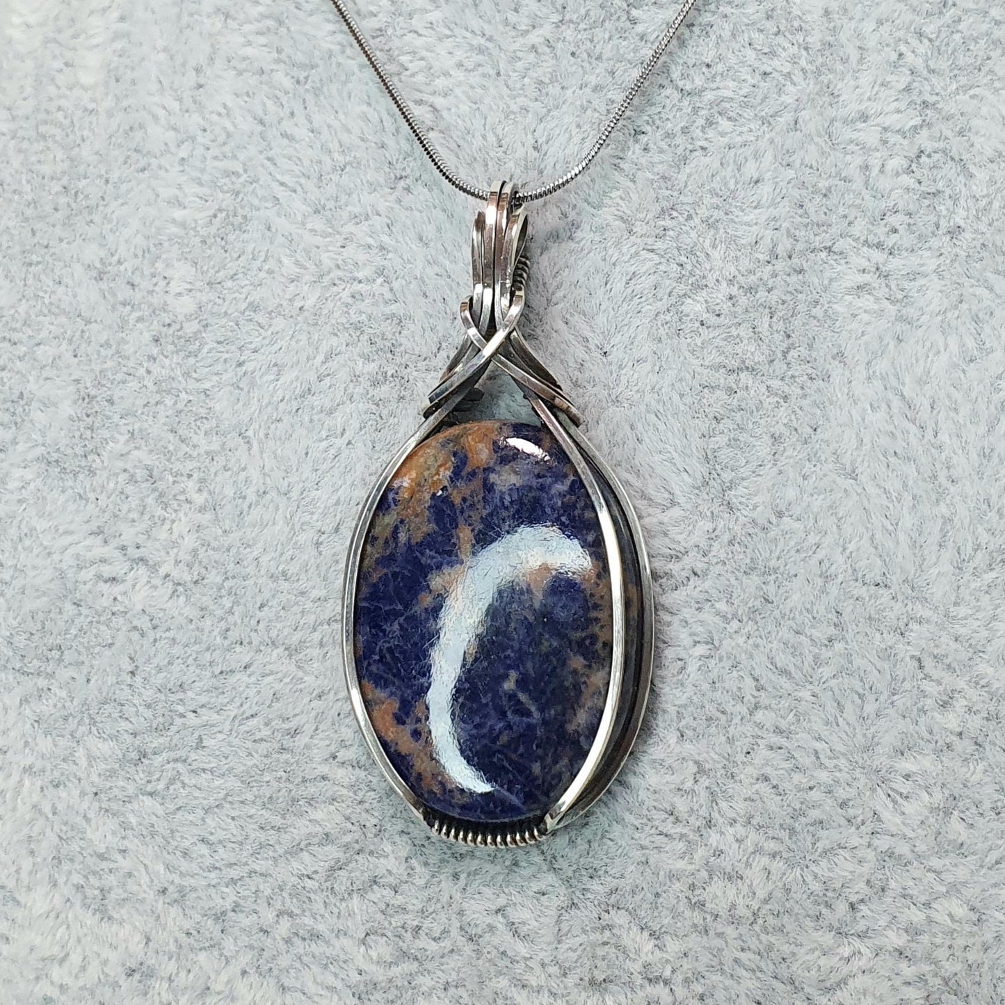 Sodalite in Oxidised 925 Solid Sterling Silver Handmade Wire-Wrap Pendant