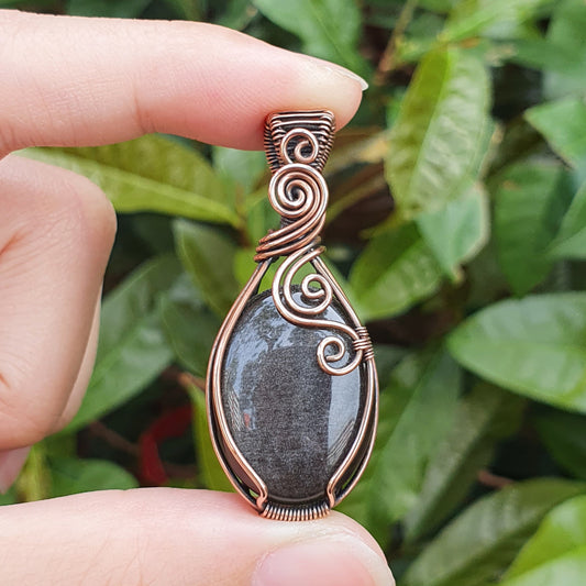 Silver Obsidian in Oxidised Copper Handmade Wire-Wrap Pendant