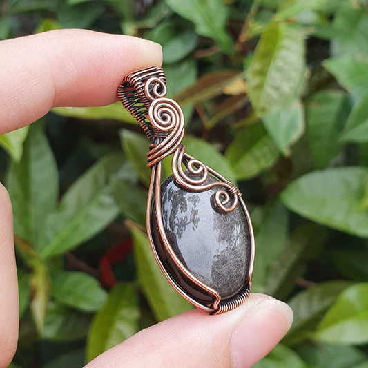 Silver Obsidian in Oxidised Copper Handmade Wire-Wrap Pendant