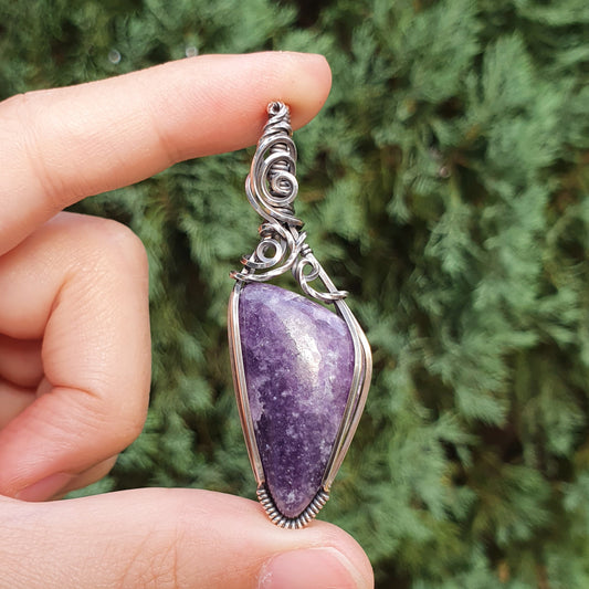 Lepidolite in Oxidised 925 Solid Sterling Silver Handmade Wire-Wrap Pendant