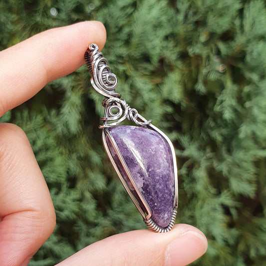Lepidolite in Oxidised 925 Solid Sterling Silver Handmade Wire-Wrap Pendant