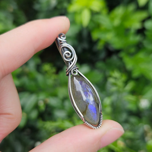 Purple Labradorite in Oxidised 925 Solid Sterling Silver Handmade Wire-Wrap Pendant