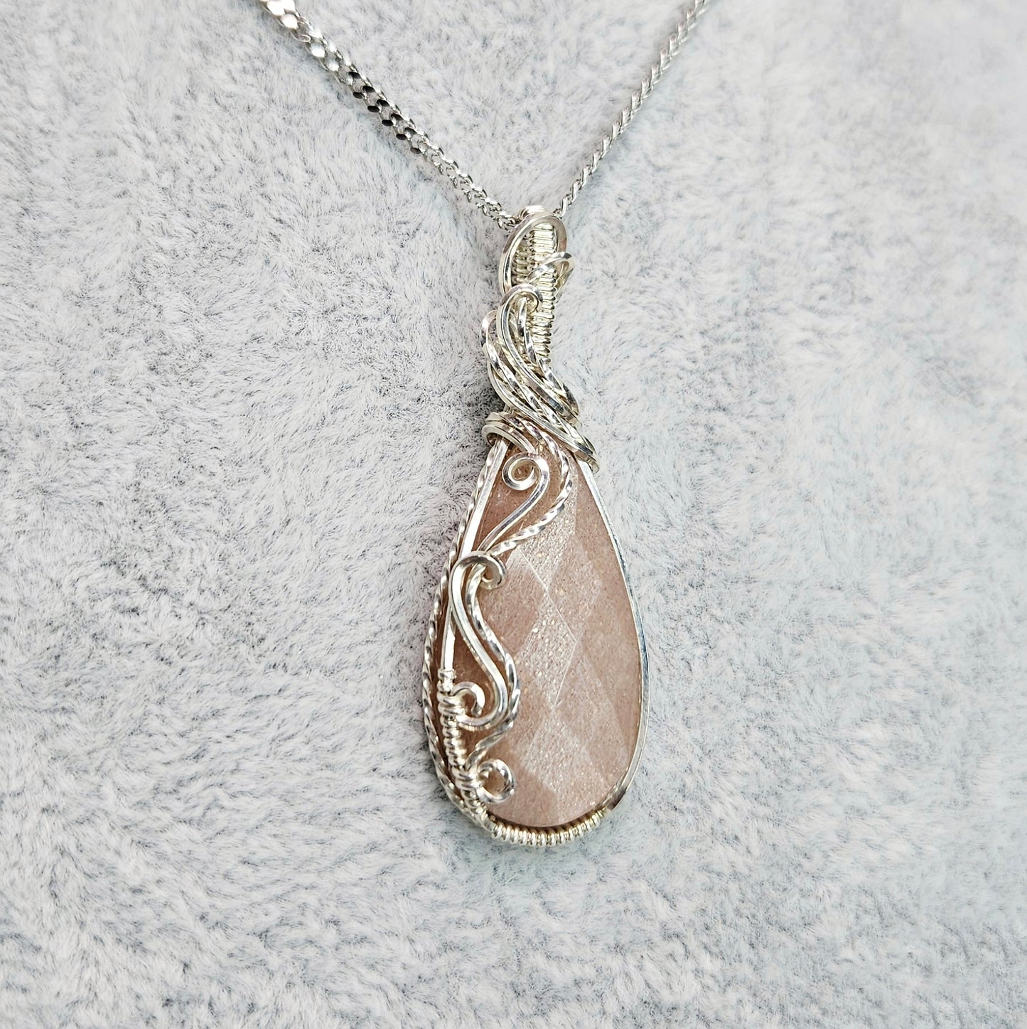 Peach Moonstone in 925 Solid Sterling Silver Handmade Wire-Wrap Pendant