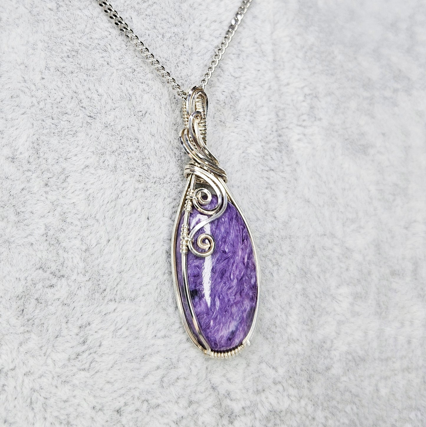 Charoite in 925 Solid Sterling Silver Handmade Wire-Wrap Pendant