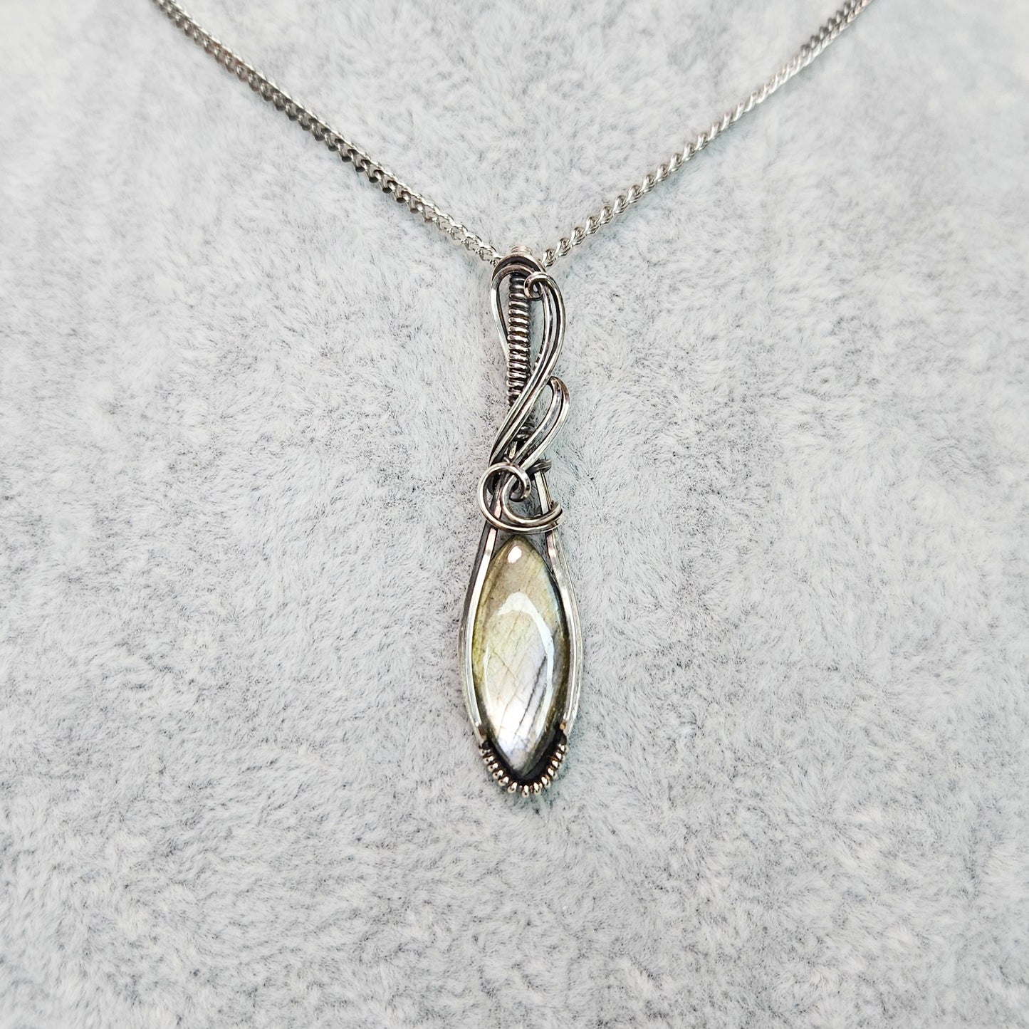 Silver Labradorite in Oxidised 925 Solid Sterling Silver Handmade Wire-Wrap Pendant
